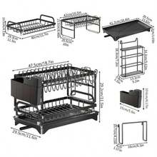 Kusuxva This Double-Layer Metal Kitchen Countertop Dish Rack Is Space-Saving And Durable. It Comes With A Knife And Fork Holder, Cup Holder, Cutting Board Holder, And Rust-Proof Drain Tray. Kitchen Storage Items Help You Keep Your Kitchen Neat And Organized. - Black - View 6