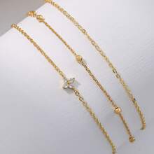 3pcs/Set Women's Bracelet Set, Bohemian Summer Beach Vacation Style, Golden Plated Multi-Layer Basic Chain, Ball Satellite Chain, Copper Inlaid Zirconia Four-Leaf Clover Pendant, Multi-Layer Layered Bracelet Set, Daily Stacking Bracelet Jewelry Gift - Yellow Gold - View 4