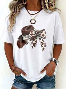 Women's Western Denim Print Top | Round Neck, Loose & Comfortable, Versatile, Casual - Summer Clothing - White Top - White - View 3