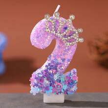 1pc Glitter Crown Number Birthday Candle 0-9, Purple Sequin Cake Topper Decoration, Sparkle Rhinestone Tiara Candle For Birthday Party & Anniversary Celebration, DIY Cake Decor Party Supplies - Purple - View 3