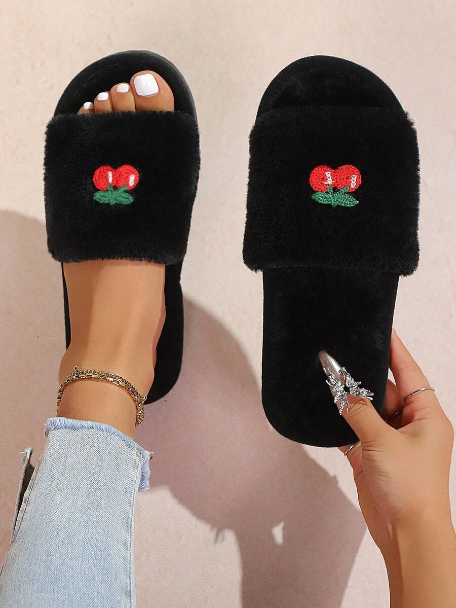 新款女款可愛櫻桃刺繡毛絨露趾室內拖鞋，舒適四季通用地板拖鞋