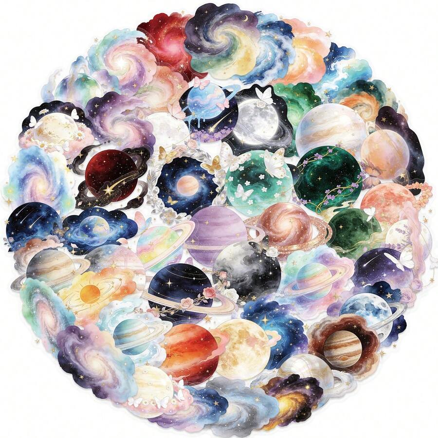 50 piezas de pegatinas transparentes de planetas, pegatinas de cielo estrellado galáctico de dibujos animados, pegatinas estéticas, pegatinas de colores para portátil, monopatín, diario, cuadernos, teléfono, taza, guitarra, equipaje, ordenador, nevera, escritorio, útiles escolares - A - Ver 1