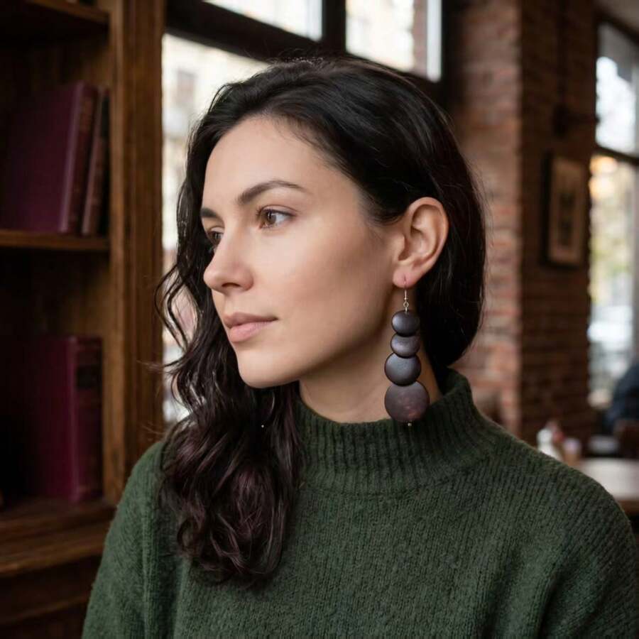 2026 Nuevos Aretes de Madera Vintage Disco Redondo Aretes Largos Joyería de Oreja Personalizada - Marrón oscuro - Ver 1
