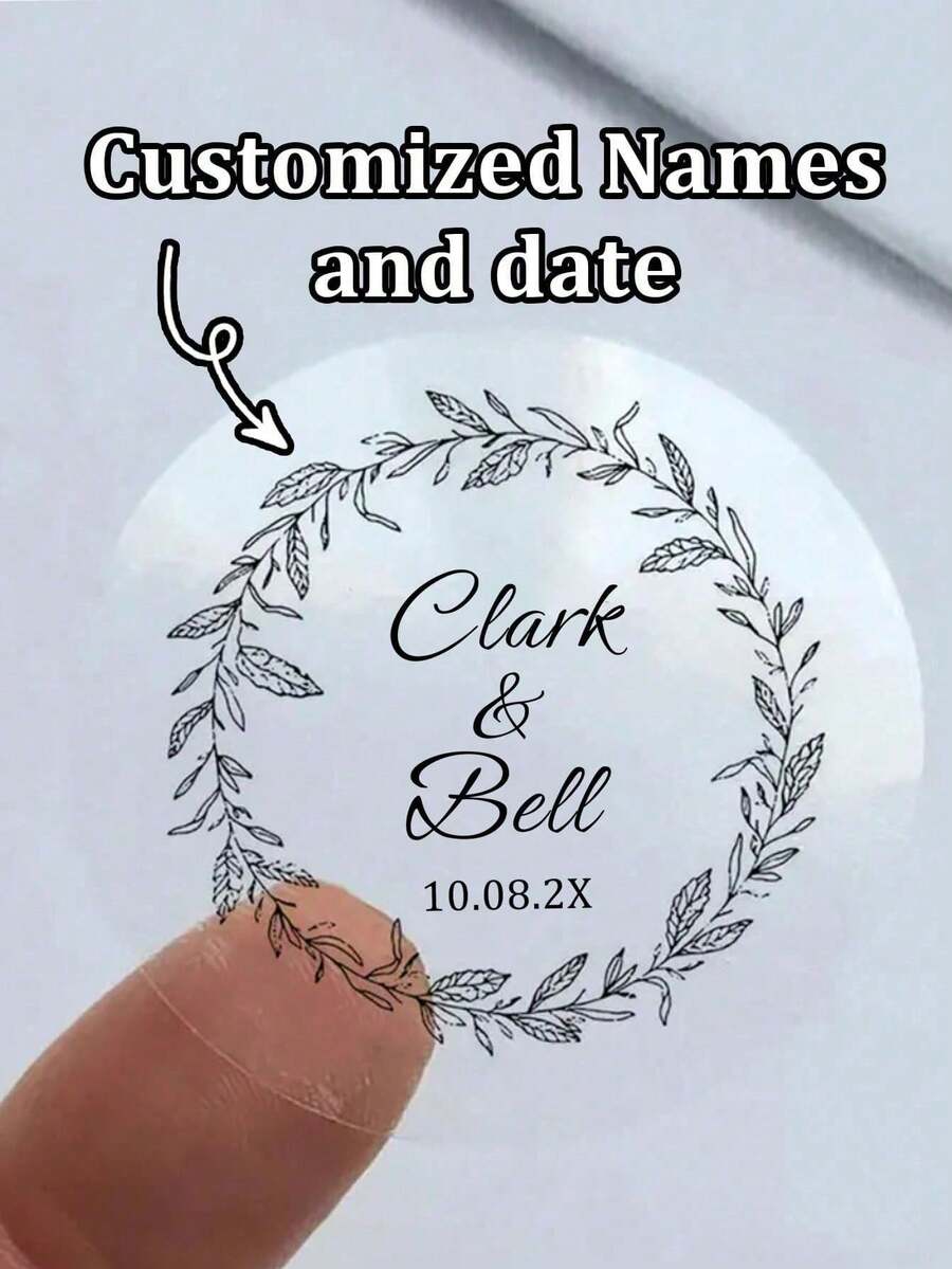 54pcs Custom Wedding Stickers, Personalized Labels - Customizable Text And Dates, Waterproof Stickers, Personalized Clear Labels, Custom Clear Round Stickers, Perfect For Invitations And Favors, Custom Label Stickers.