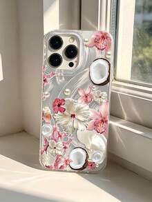 1pc Feather Mesh Shell IMD Lens Protection Anti-Drop Floral Pearl Coconut Pattern Personalized Phone Case Compatible With IPhone 16 Pro Max 17/16/15/14 Plus/13/12/11 And Series - Multicolor - View 3