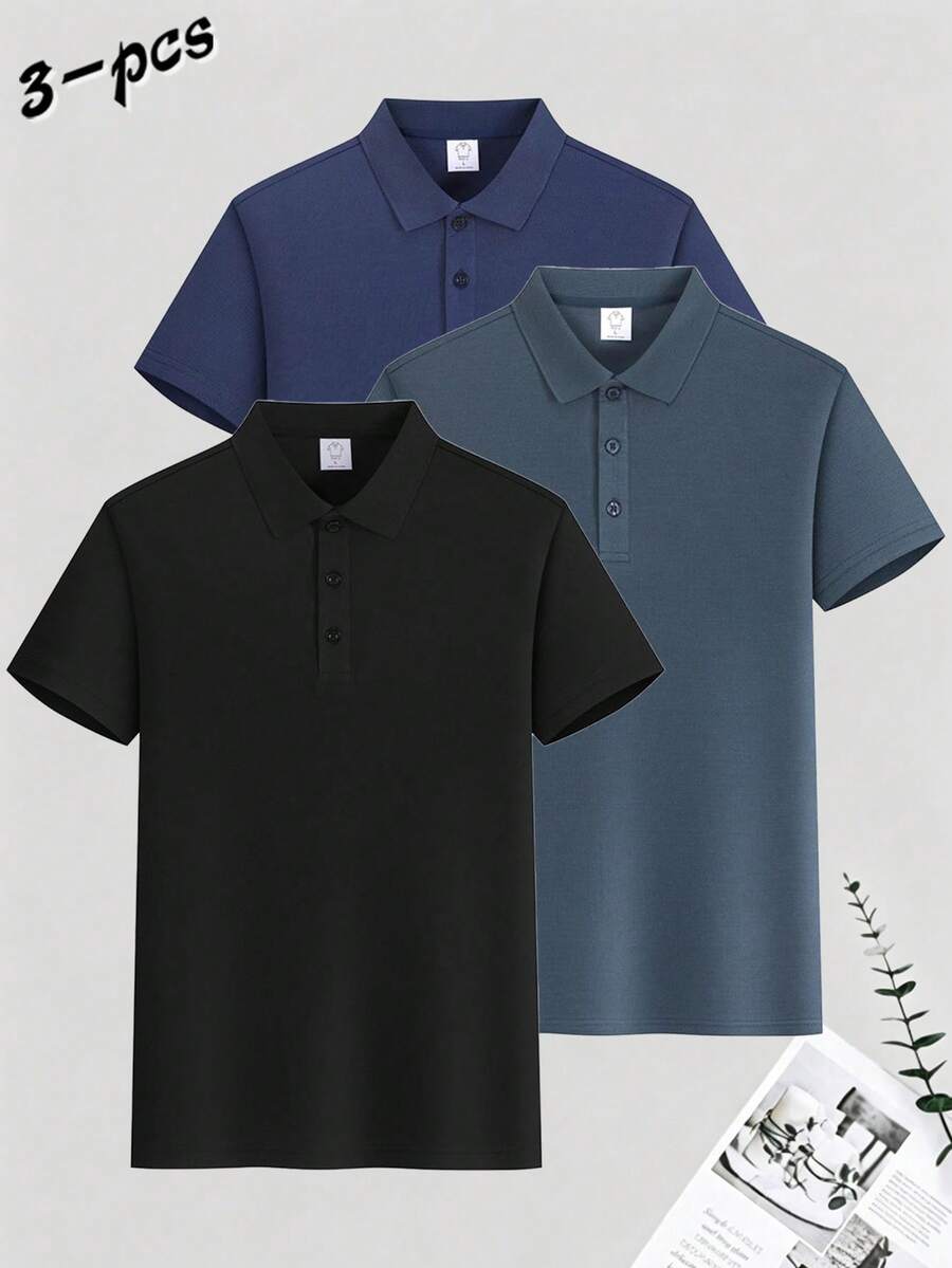 3pcs Men's Classic Summer Polo Shirts - Short Sleeve Button Collar, Perfect For Business Casual Daily Wear Sports - Multicolor - View 1