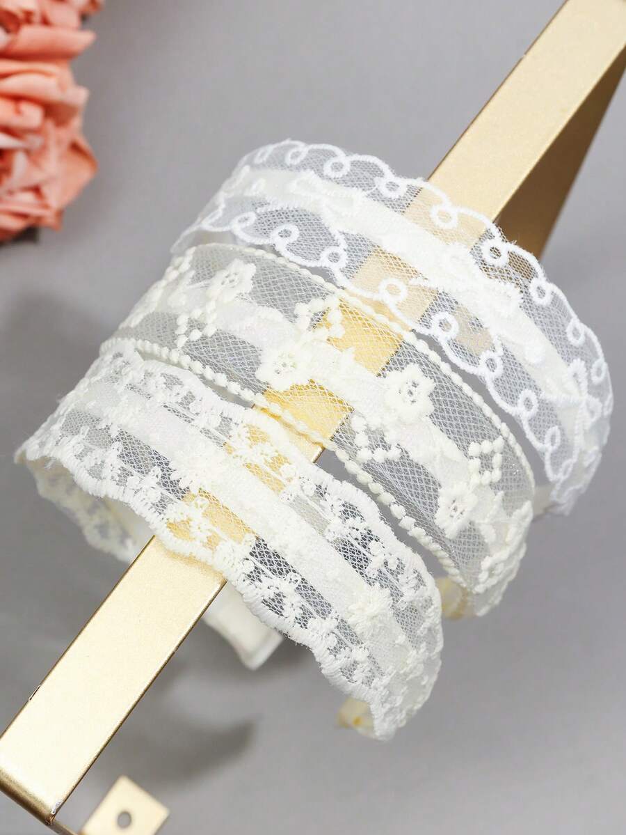 3件組花卉多彩女用精緻刺繡蕾絲髮帶,波浪邊設計時尚髮帶 - 彩色 - 查看 1