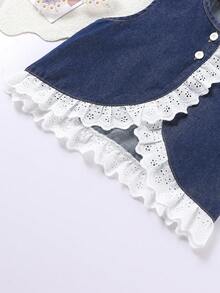 Baby Girls Casual Minimalist Patchwork Lace Decor Denim Vest Top And Wide Leg Denim Shorts Set, Infant Toddler Clothing, Suitable For Daily Wear Or Outings, School, Travel, Festival Parties - Dark Wash - View 6