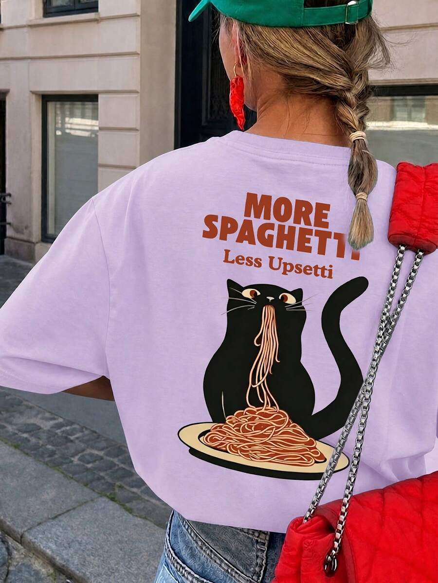 1pc All-Day Wear Fitted Short Sleeve T-Shirt, INS Style Street Aesthetic Pinterest Style Front And Back "More Pasta, Cream Color Summer Top Casual - Lilac Purple - View 1