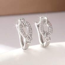 Fashionable White Synthetic Zirconia Hoop Earrings, Retro Silver Twisted Round Earrings, Braided Design Wedding Jewelry, Ideal Gift For Women - Silver - View 6
