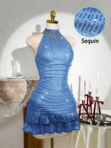 Or A Women's Halter Neckline Dress, Sleeveless, With Burgundy Sequins, For Dates, Parties, Nightclubs, Halloween, Valentine's Day, Elegant Occasions, Christmas, Birthdays, Spring, Summer, Autumn, Winter - 藍色 - 查看 12
