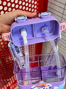 Dual-Drinking Cup For Kids, Large Capacity, High Aesthetic Value, Divided Compartment, Dual Straw Cup, Purple Water Bottle With Strap, Portable For Boys And Girls Students Outdoor Use - Dark Purple - View 4