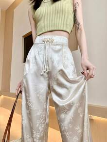 Women's New Chinese Style Jacquard Wide Leg Pants, High Waist Button Decor Straight Leg Trousers, Elegant Casual Black Pants - Apricot - View 1