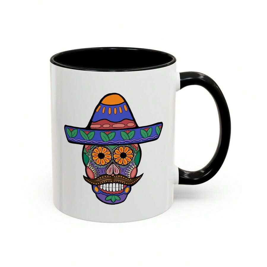 Taza de café colorida con calavera de azúcar de vaquero - Blanco - Ver 1
