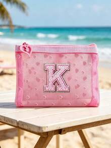 Pink Heart Mesh Letter Embroidery Storage Pouch, Printed Zipper Small Clutch, Lightweight Breathable Portable Makeup Bag, Can Store Pills, Cold Medicine, Common Medicines, Also Store Earrings, Coins, Beauty Tools, Suitable For Daily Commute, Short Trips, Outdoor Outings, Home Storage, Suitable For Girls, Moms, Students, Business Travelers, Birthday, Back To School, Vacation Gifts, Mini Sundries Storage Bag, Portable Makeup Pouch - Multicolor - View 7