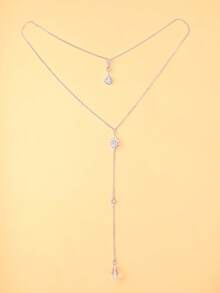 1pc Rhinestone Teardrop Pendant With Front And Back Chain, Elegant Bridal Backless Dress Neck Jewelry For Wedding Occasions - Geometric - View 12