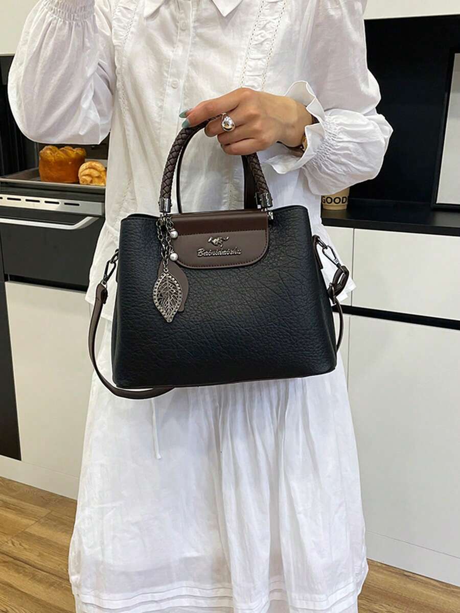 Classic Colorblock Women's Handbag PU Leather Multi-Pocket Commuter Bag Fashion Leaf Pendant Crossbody Shoulder Bag - Multicolor - View 1