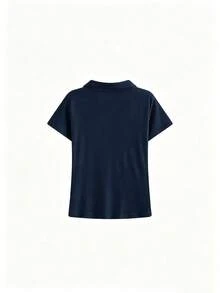 輕量女款 Polo 領短袖 T 恤 收腰內搭上衣 顯瘦優雅休閒夏季上衣 - 藏蓝色 - 查看 4