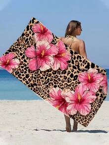1pc[Soft Quick-Dry]250g Microfiber Large Beach Towel | Size: 70*140cm/90*180cm | Print Pattern: Leopard Pink Floral | Highly Absorbent, Portable And Easy To Use, Can Be Used As Pool Towel, Swimming Towel, Beach Towel | Suitable For Beach, Yoga, Camping, Fitness And Travel - Multicolor - View 3