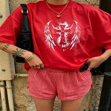Heartfelt Daily Casual Graphic T-Shirt 100% Cotton Oversized Soft Breathable Casual Crewneck Short Sleeve Top Vintage Aesthetic Red Checkered Shorts Street Style Fashion Lovers Casual Wearers Daily Outfit Enthusiasts Gift Givers - 紅色 - 查看 18