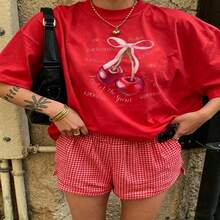 Heartfelt Daily Casual Graphic T-Shirt 100% Cotton Oversized Soft Breathable Casual Crewneck Short Sleeve Top Cute Aesthetic Vintage Red Cherry Print For Casual Wearers Fashion Lovers Daily Outfit Enthusiasts Gift Givers - 紅色 - 查看 18