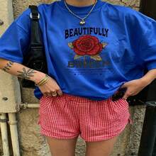 Heartfelt Daily Casual Graphic T-Shirt 100% Cotton Oversized Soft Breathable Casual Crewneck Short Sleeve Top Aesthetic Daily Vintage Red Rose Design For Casual Wearers Fashion Lovers Daily Outfit Enthusiasts Gift Givers - 藍色 - 查看 18