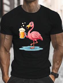 T-shirt nera da uomo con scollo rotondo e maniche corte, decorata con una divertente stampa di fenicotteri rosa e birra: leggera, casual, in uno stile estivo per adulti. - nero - Visualizzare 1