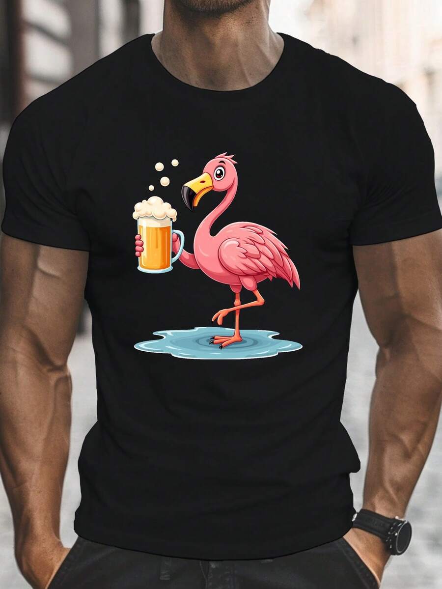 T-shirt nera da uomo con scollo rotondo e maniche corte, decorata con una divertente stampa di fenicotteri rosa e birra: leggera, casual, in uno stile estivo per adulti. - nero - Visualizzare 1