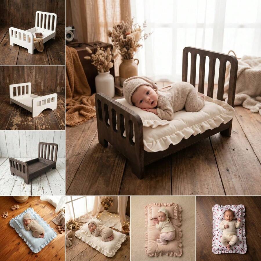 1 Set gestreifte weiße & kaffeefarbene Holz-Fotografie-Requisiten für Neugeborene mit passender Matratze, Vintage-Stil Baby-Holzbett-Requisite ➕ passende Matratze, geeignet für Neugeborenen-Fotoshootings, Porträtfotografie und als Bekleidungsfotografie-Accessoire - Verschiedenfarbig - Übersicht 1
