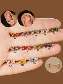 2pcs Stainless Steel 12 Zodiac Birthstone Tiny 18K Gold Plated Earrings, Cubic Zirconia Butterfly Inlaid, Suitable For Party & Wedding Wear - Butterfly - View 5
