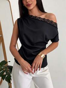 Camisa de mujer con volantes de encaje de contraste en la cintura, versátil para uso diario, negra de verano - Negro - Ver 7