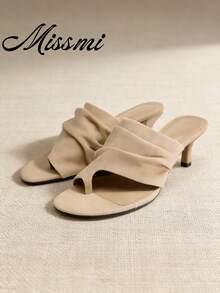 2026 Spring/Summer New Wrinkle Effect Thin High Heel Casual Sandals Versatile Toe-Post Slouchy Flip-Flops For Women - Khaki - View 1
