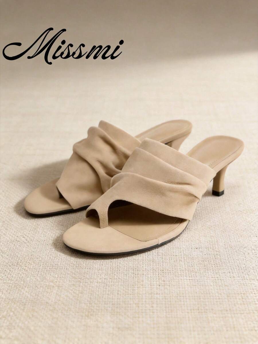 2026 Spring/Summer New Wrinkle Effect Thin High Heel Casual Sandals Versatile Toe-Post Slouchy Flip-Flops For Women - Khaki - View 1
