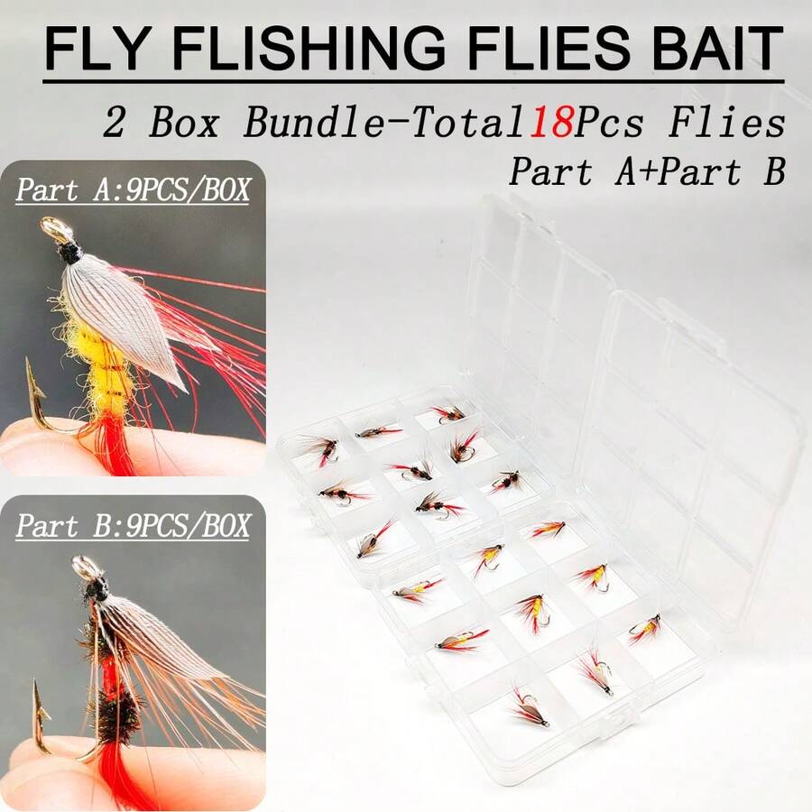 Fishing Bait-2Boxes Bundle(Total 18Pcs Flies)Fly Fishing Flies Lure-Wet Flies Fishing For Trout Fishing Nymph Lure(9Pcs/Box-Royal WulffFly Bait+9Pcs/Box-Wet Fly Red Bait)