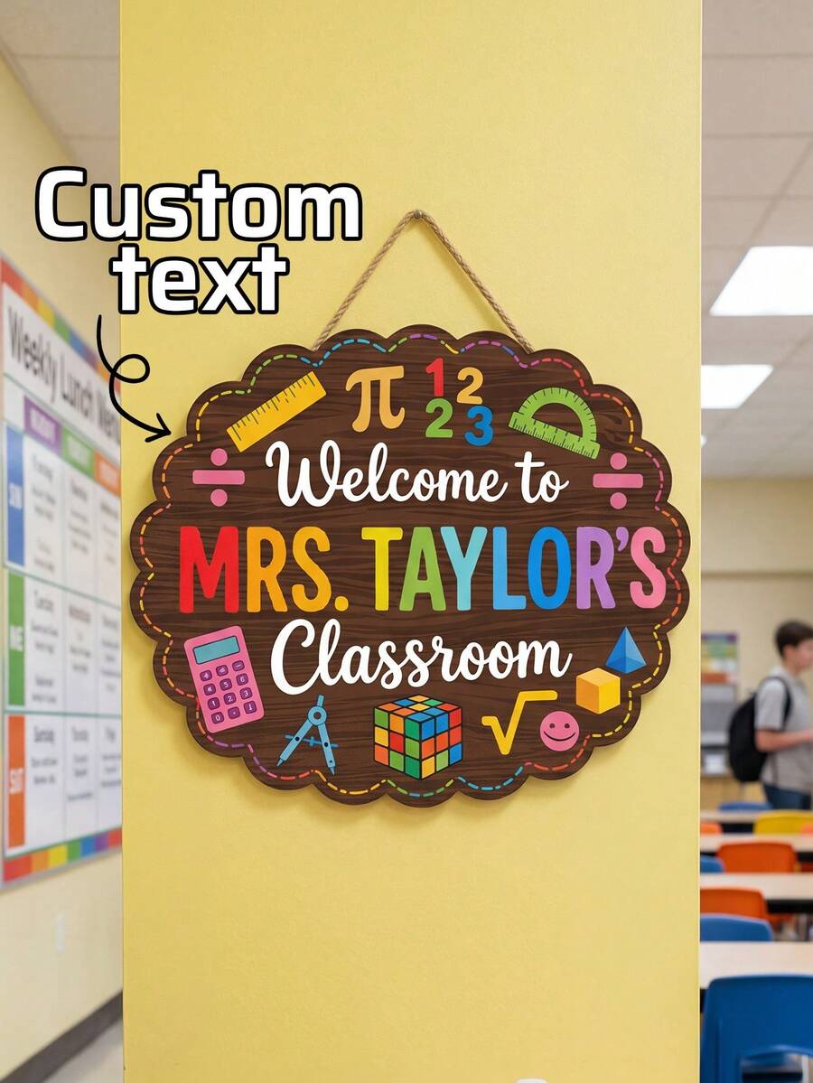 1 pieza Letrero de madera personalizado con borde ondulado para profesor de matemáticas, colgante de puerta con nombre de profesor personalizado, impreso con símbolos matemáticos, regla y calculadora, decoración de yute para colgar en el aula de matemáticas de primaria y secundaria, agradecimiento al profesor, regalos de vuelta al colegio - Multicolor - Ver 1