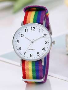 1pc Fashionable Personalized Minimalist Versatile Round Digital Dial Rainbow Nylon Strap Women's Quartz Watch - Silver - View 1