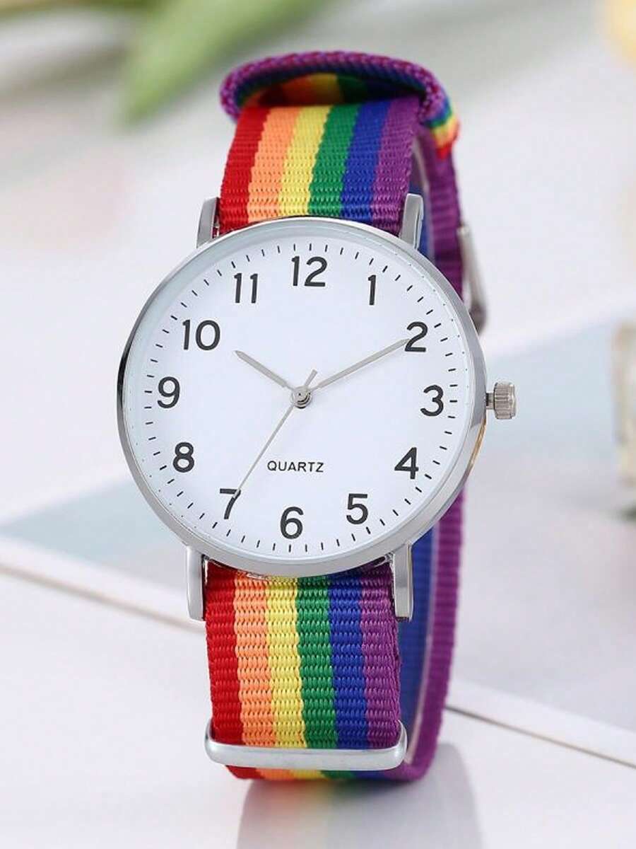 1pc Fashionable Personalized Minimalist Versatile Round Digital Dial Rainbow Nylon Strap Women's Quartz Watch - Silver - View 1