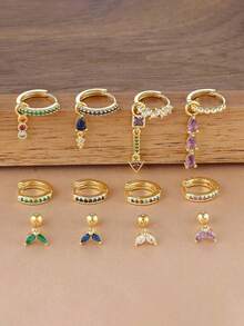 3pcs/Set Pendientes de acero inoxidable chapados en oro de 18K con forma de gota de agua triangular y circonita cúbica, regalo de joyería de moda creativa para fiestas de mujeres - Juego de pendientes de 3 piezas. - Ver 4
