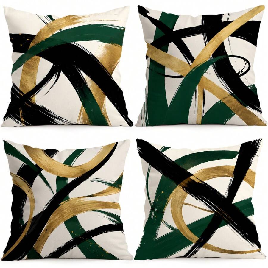4pcs Dark Green Gold Foil Abstract Geometric Pattern Single-Sided Printed Throw Pillow Covers/Cushion Covers, Multi-Scene Atmosphere Decorative Pillow Covers Suitable For Living Room Sofa Bedroom, Pillow Inserts Not Included, 40x40cm/45x45cm/50x50cm - Multicolor - View 1