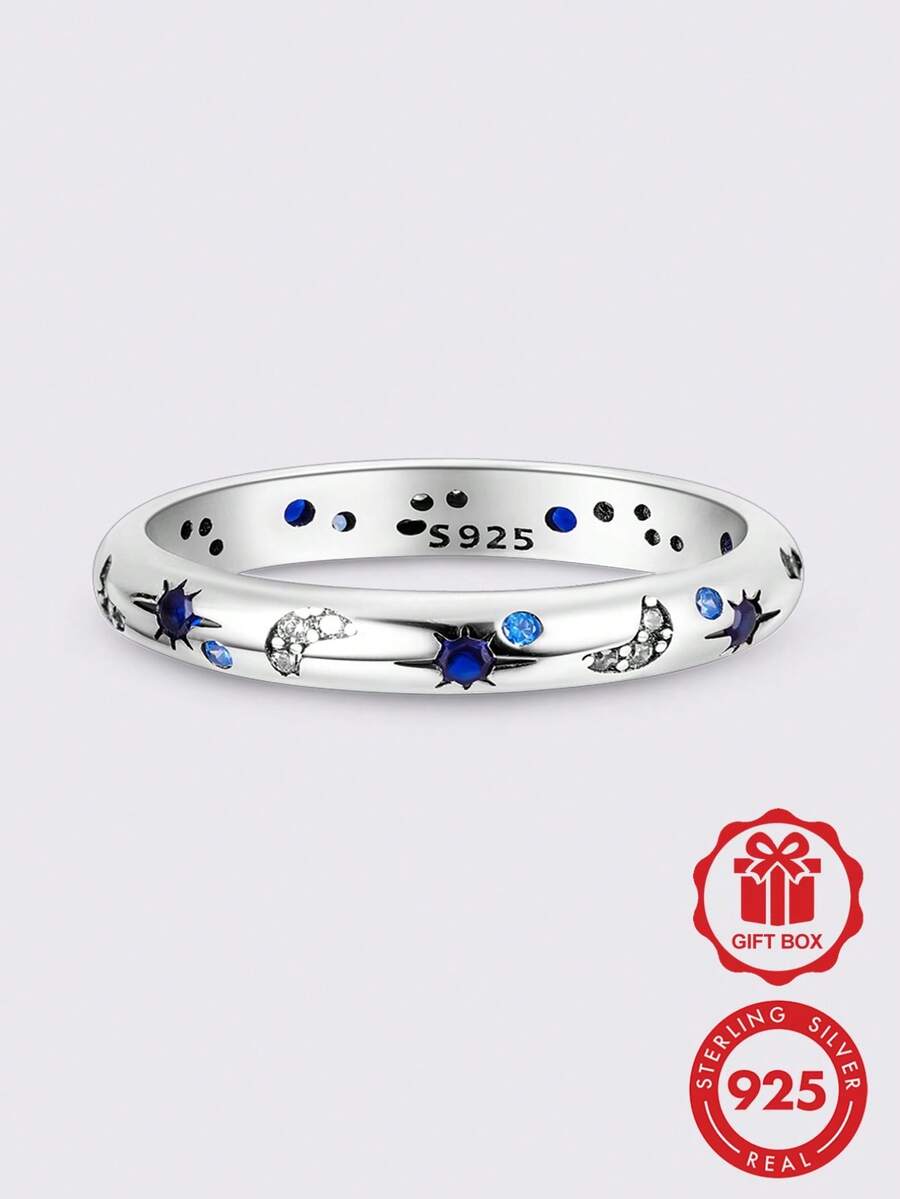 1 Pc Original 925 Sterling Silver Rings For Women 4-10 Sizes Class Star Moon Pattern Cubic Zirconia Stackable Elegance Jewelry Gifts Fits Daily Party - Silver - View 1