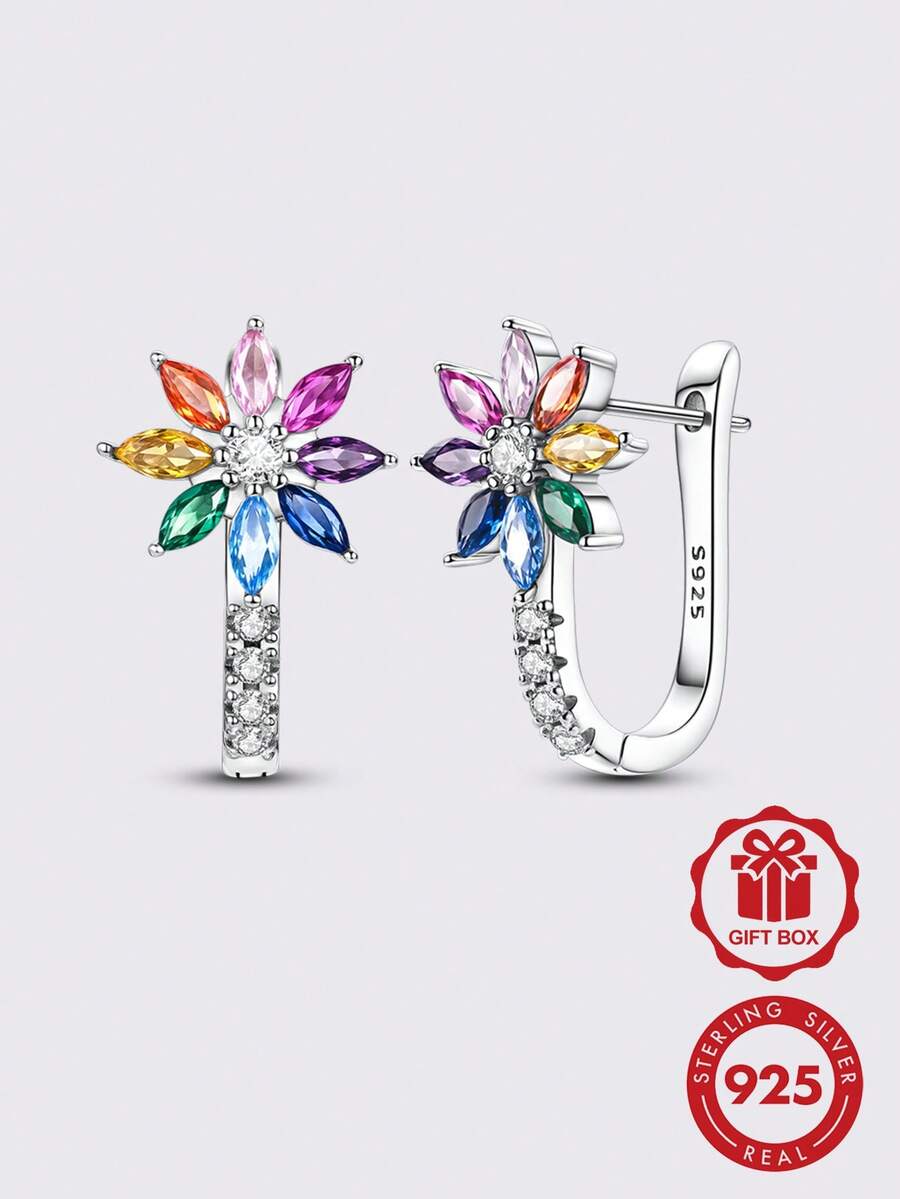 925 纯银女士防过敏彩虹花形方晶锆石耳环，高品质优雅奢华珠宝礼物，适合日常、派对和宴会佩戴 - 銀色 - 查看 1