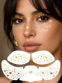6 Sheets Gold Heart Freckles Face Tattoos Glitter Eyeshadow & Eyeliner Tattoo Stickers For Wedding Beach Concert Summer Rave Accessories - Gold - View 1