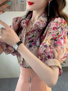 Summer Elegant Women's Floral Pattern Sheer Lantern Sleeve Short Sleeve Blouse Vacation - Multicolor - View 1