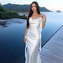 Elegant Satin Mermaid Maxi Dress| Draped Cowl Neck & Ribbon Strap Gown With Deep Open Back| Perfect Beach Wedding Guest & Reception Attire - 白色 - 查看 3