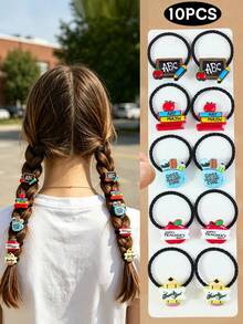 10pcs Girls Back To School Season Minimalist Pencil Stationery Elastic Hair Ties, Gentle On Hair, Suitable For Daily Use And Matching - Multicolor - View 9