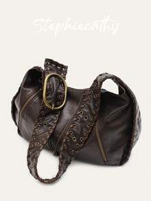 STEPHIECATHY Large Women Single Wide Woven Shoulder Bag PU Leather Y2K Retro Distressed Eyelets Adjustable Strap Zip Decor Pillow Hobo Handbag Daily Travel Commute - Multicolor - View 3