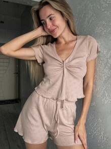 Elegant Pleated V-Neck Heart Hollow Out Short Sleeve Shorts Pajama Set For Women - Baby Pink - View 1