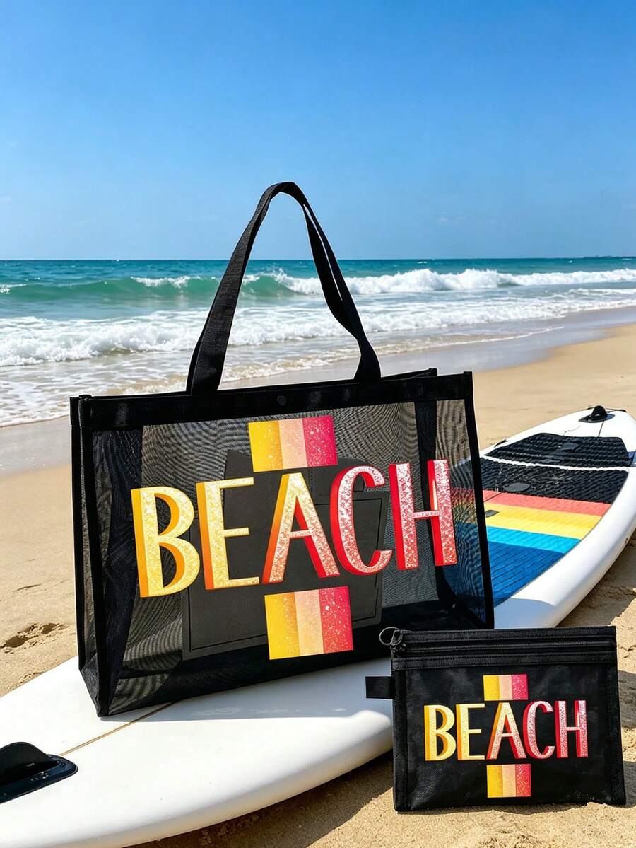 網格海灘包與小收納袋套組，印有夏季「BEACH」圖案，充滿夏日氛圍，包含購物袋、海灘包、夏威夷風透明收納袋、旅行盥洗包、海灘托特包、休閒度假包、化妝收納袋，適合學校、度假、假期和返校，是送給朋友和老師的理想禮物，也適合生日、派對、夏季、度假、假期和婚禮場合