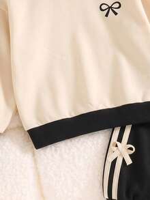Girls' Spring/Autumn Casual Minimalist Bow Graphic Print Apricot Long Sleeve Sweatshirt And Bow Black Sweatpants 2-Piece Set - Apricot - View 5