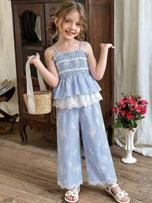 Girls Summer Elegant Style Long Pants Set, Ditsy Floral Pattern Back Ruched Applique Design Camisole + Embroidered Lace Patchwork Hem Long Pants, 2-Piece Set - Blue - View 6